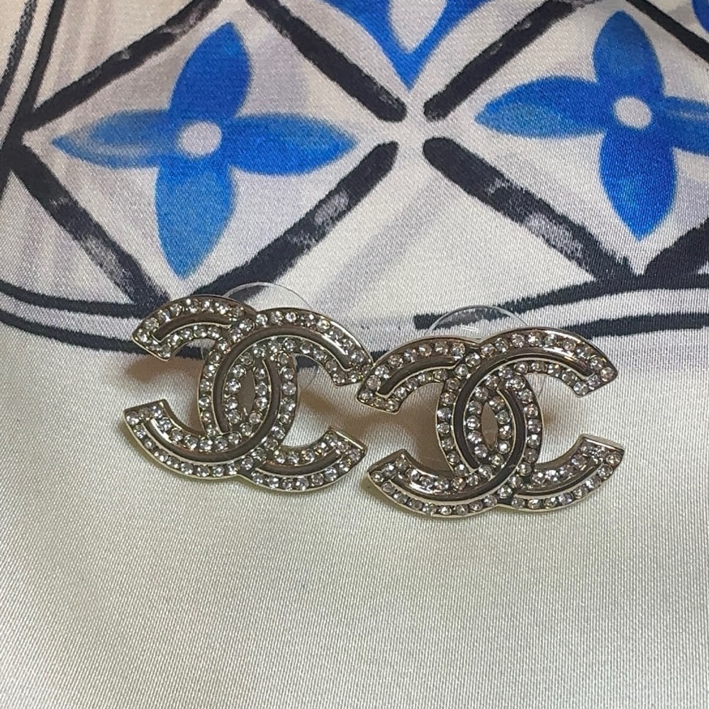 CHANEL Silver Crystal Double C Logo Stud Earrings